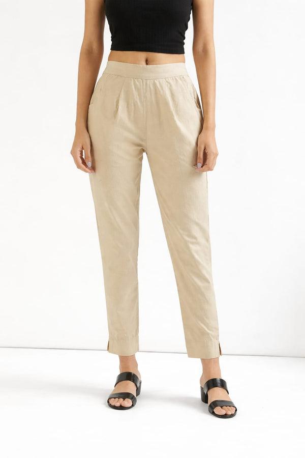 Women Beige Straight Cotton Pant