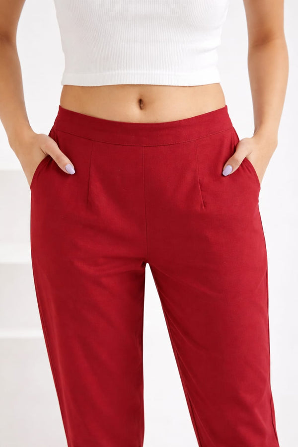 Women Maroon Straight Cotton Pant