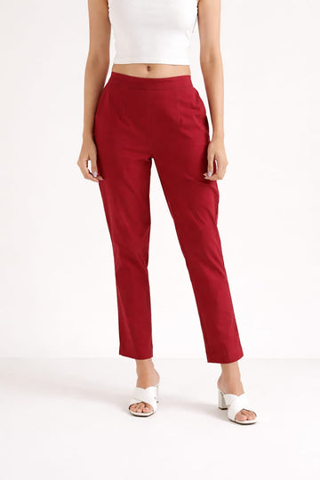 Women Maroon Cotton Straight Pant