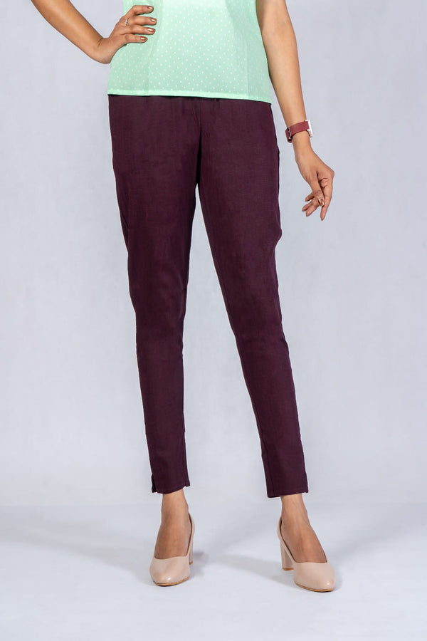 Women Wine Cotton Lycra Pant
