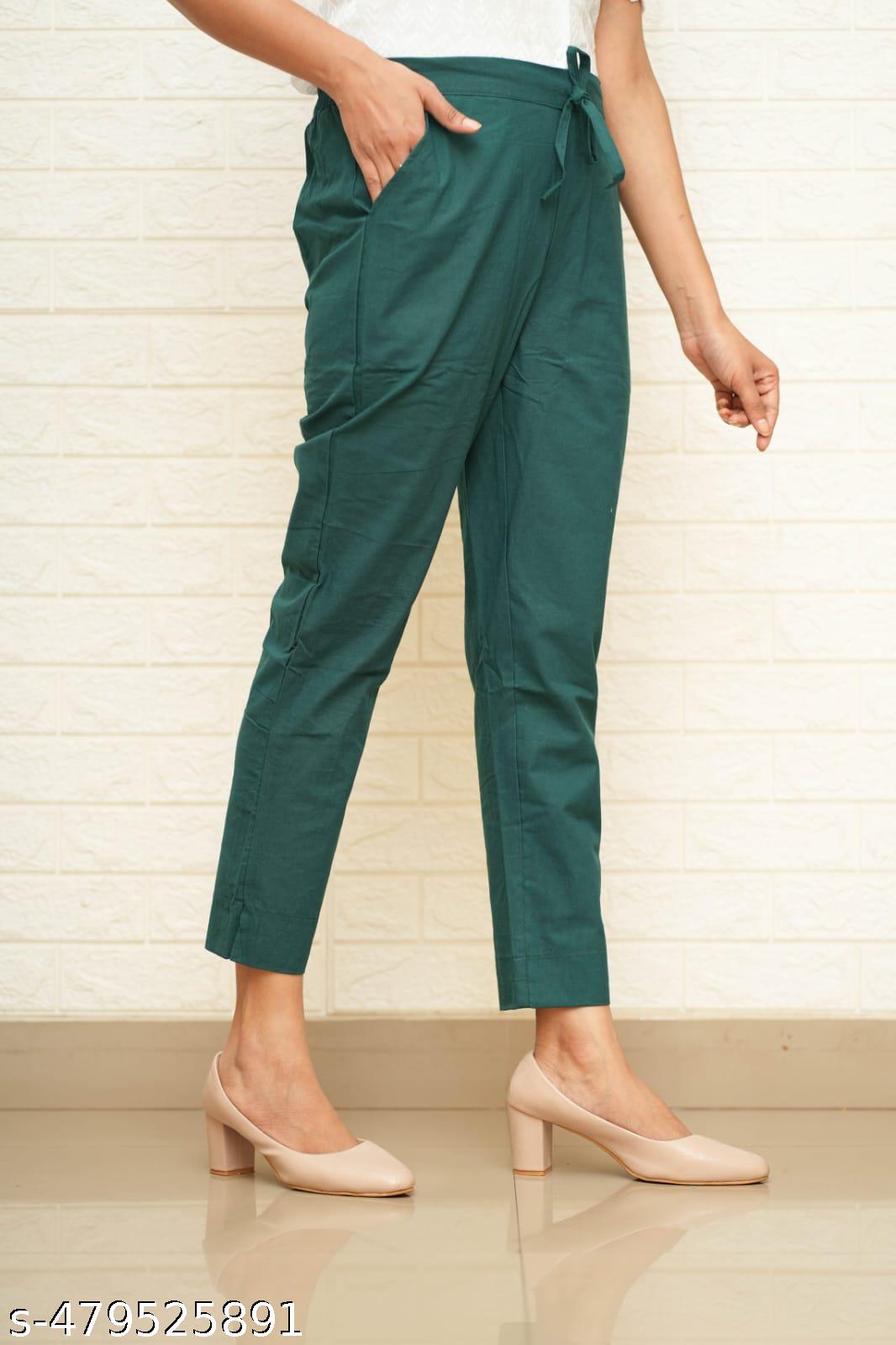 Women Bottle Green Cotton Pant
