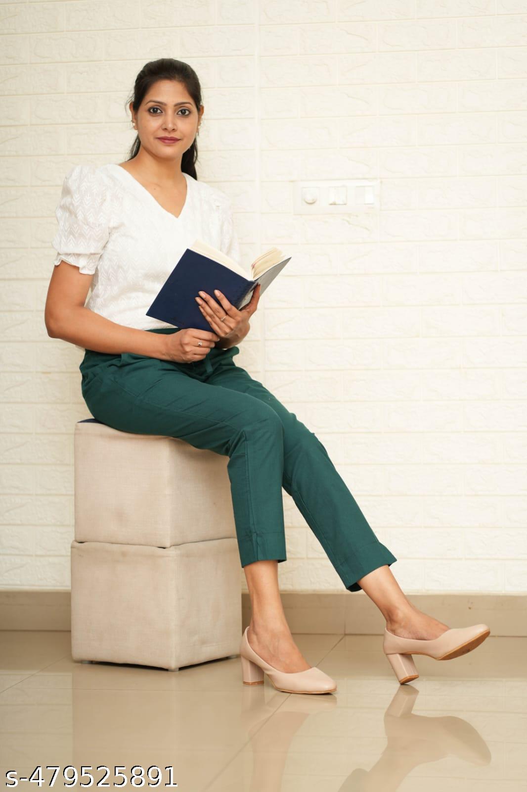 Women Bottle Green Cotton Pant