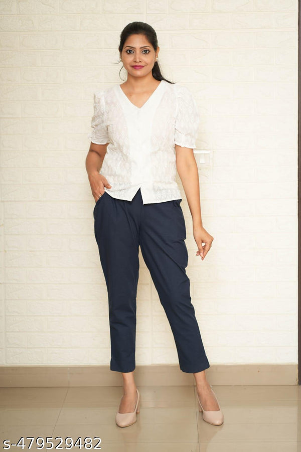 Women Navy Blue Cotton Pant